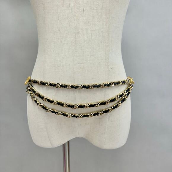 Gold braided chain and faux leather layered chain belt Medallion detail Size XS - Picture 1 of 16